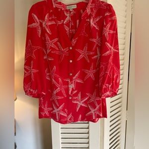 Gorgeous coral and starfish silk blouse by Annie Griffin.